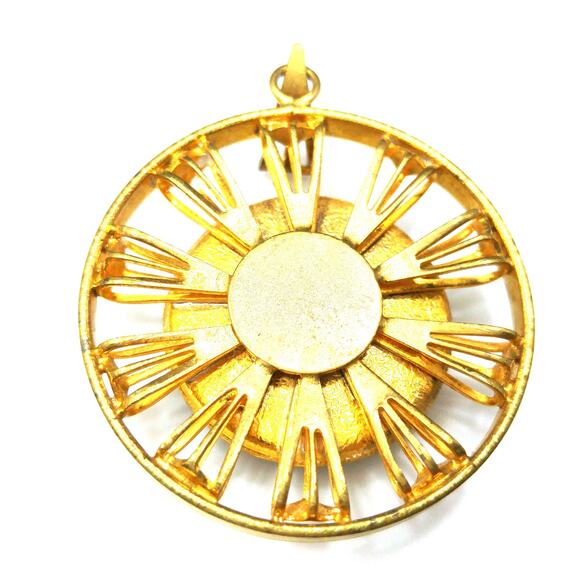 Vintage Floral Porcelain Round Pendant, Gold Tone Frame, 1960s Jewelry - Picture 4 of 10